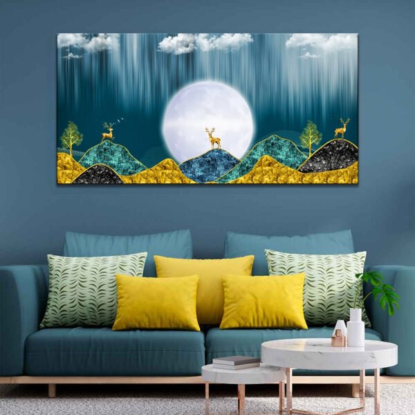 Golden Mountains and Deer with Moon Premium Canvas Wall Painting