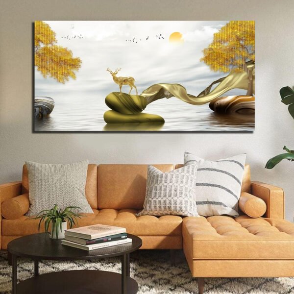 Colorful Golden Deer Stones Birds Trees and Moon Canvas Wall Painting
