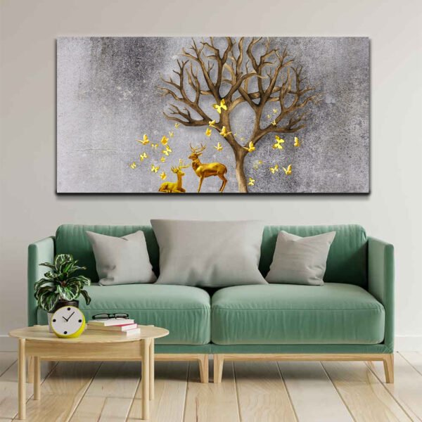 Deer with Beautiful Butterfly and Tree - Canvas Wall Painting