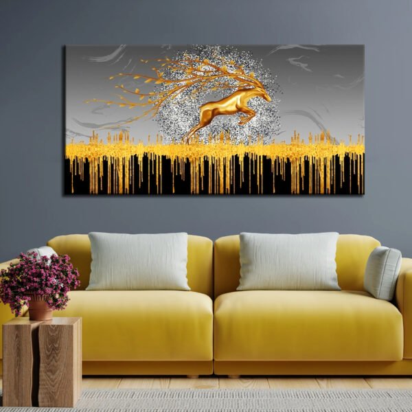 Golden deer in black gray background Canvas Wall Painting
