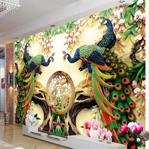Beautiful 3D Peacock Green Flowers Non-Woven Wallpaper