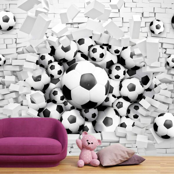 3D Footballs in the Brick Self-adhesive Vinyl Wallpaper