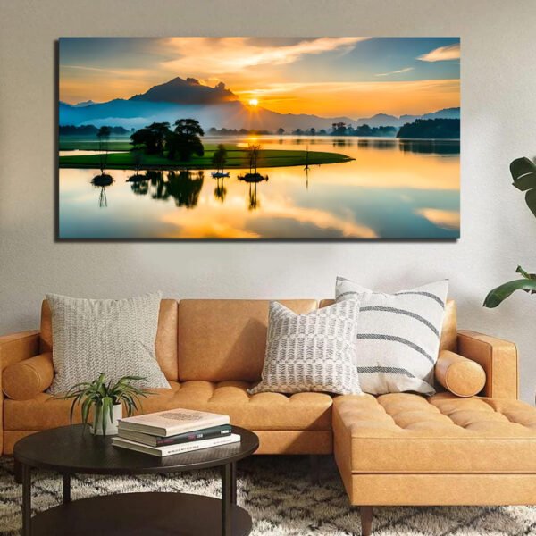 Nature Sunrise Over Mountains with Lake Canvas Wall Painting