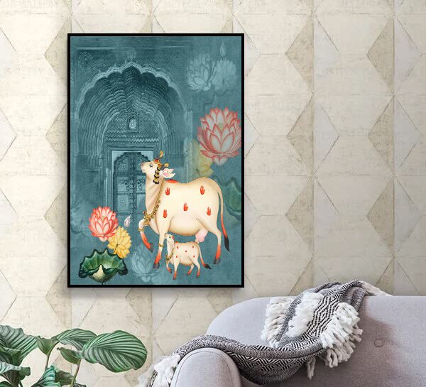 Beautiful Cow and Calf with lotus motifs wall art Floating Frame Canvas