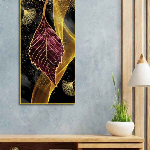 Golden Waves Shapes Turquoise and Red Leaf Feather  Floating Frame Canvas Wall Painting