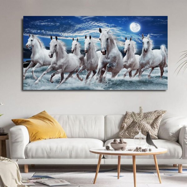 Beautiful seven white running horses in water under a full moon  Canvas Wall Painting