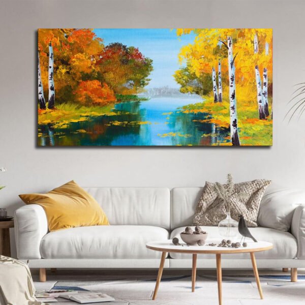 Serene autumn scene with a river reflecting vibrant trees  Canvas