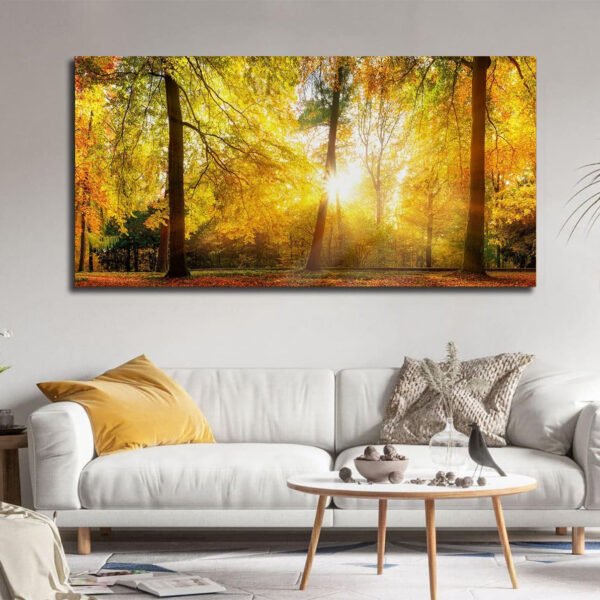 forest in autumn with sunlight streaming through the trees Canvas