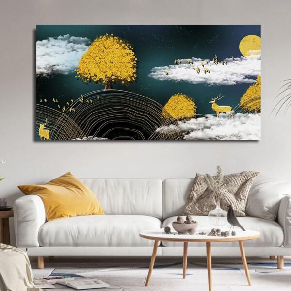 Beautiful a Golden Tree and Deer Motif Canvas Wall Painting