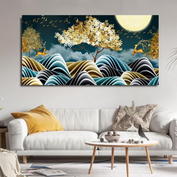 Beautiful Night Scene With Golden Trees And Deer Canvas Wall Painting