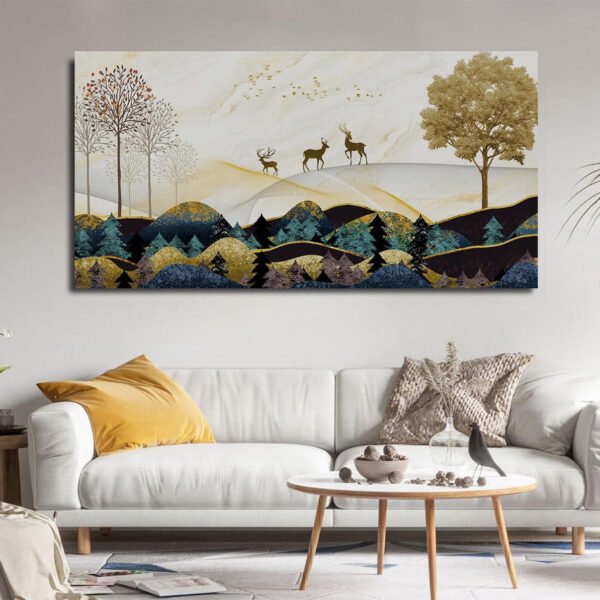 Beautiful Abstract Golden Landscape Trees with Golden Deer Canvas Wall Painting