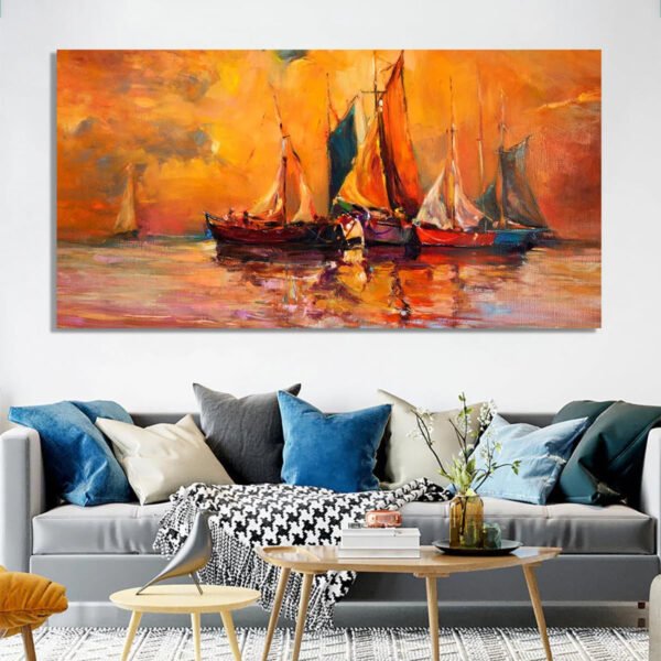 Beautiful Boats and Ocean in Red seascape Canvas