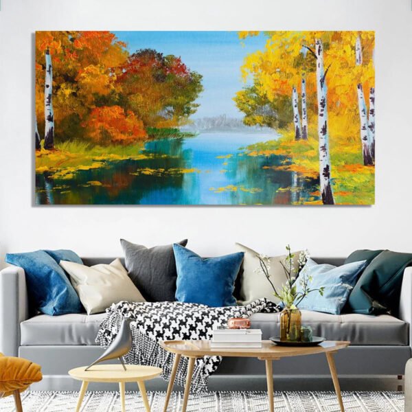 Beautiful Painting Of a Birch Forest Near a River Canvas