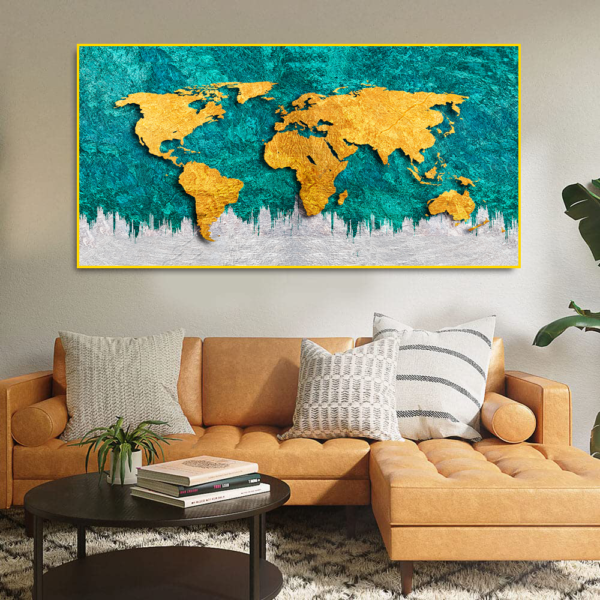 Golden World Map Floating Frame Canvas Painting