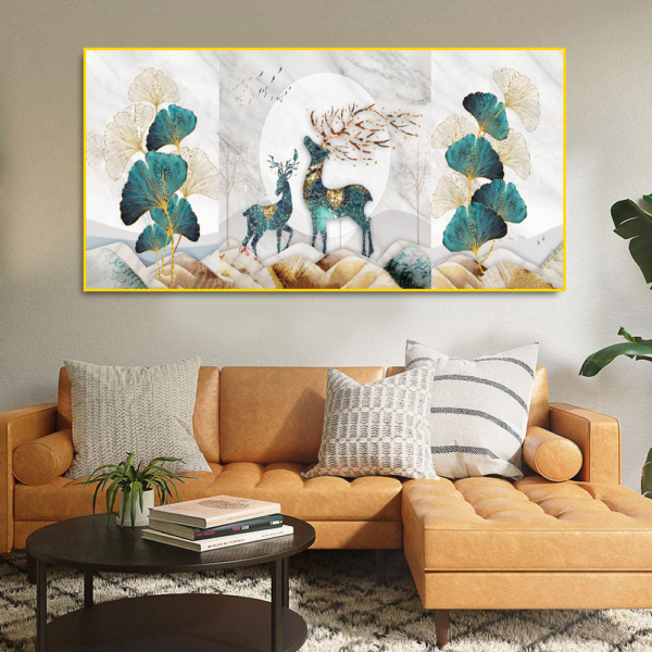 3-panel Deer and Ginkgo leaves Floating Frame  Canvas Wall Painting