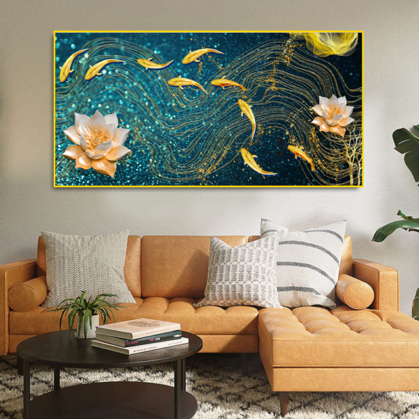 Beautiful golden lotus flowers and koi fish Floating Frame Canvas