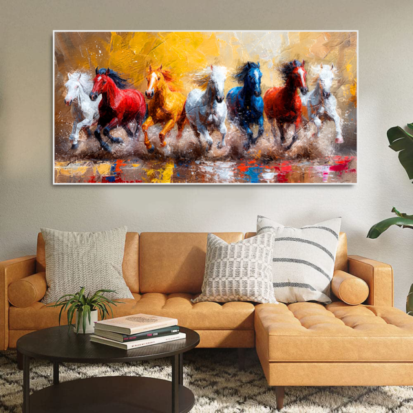 Beautiful seven running horses in an abstract colorful style Floating Frame Canvas