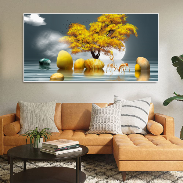 Beautiful golden tree, deer, and stones Floating Frame Canvas