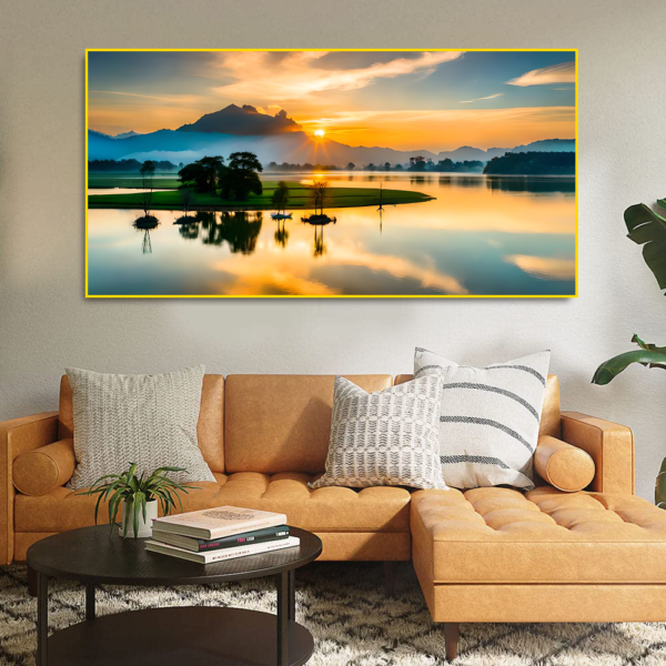 Nature Sunrise Over Mountains with Lake Floating Frame  canvas wall painting